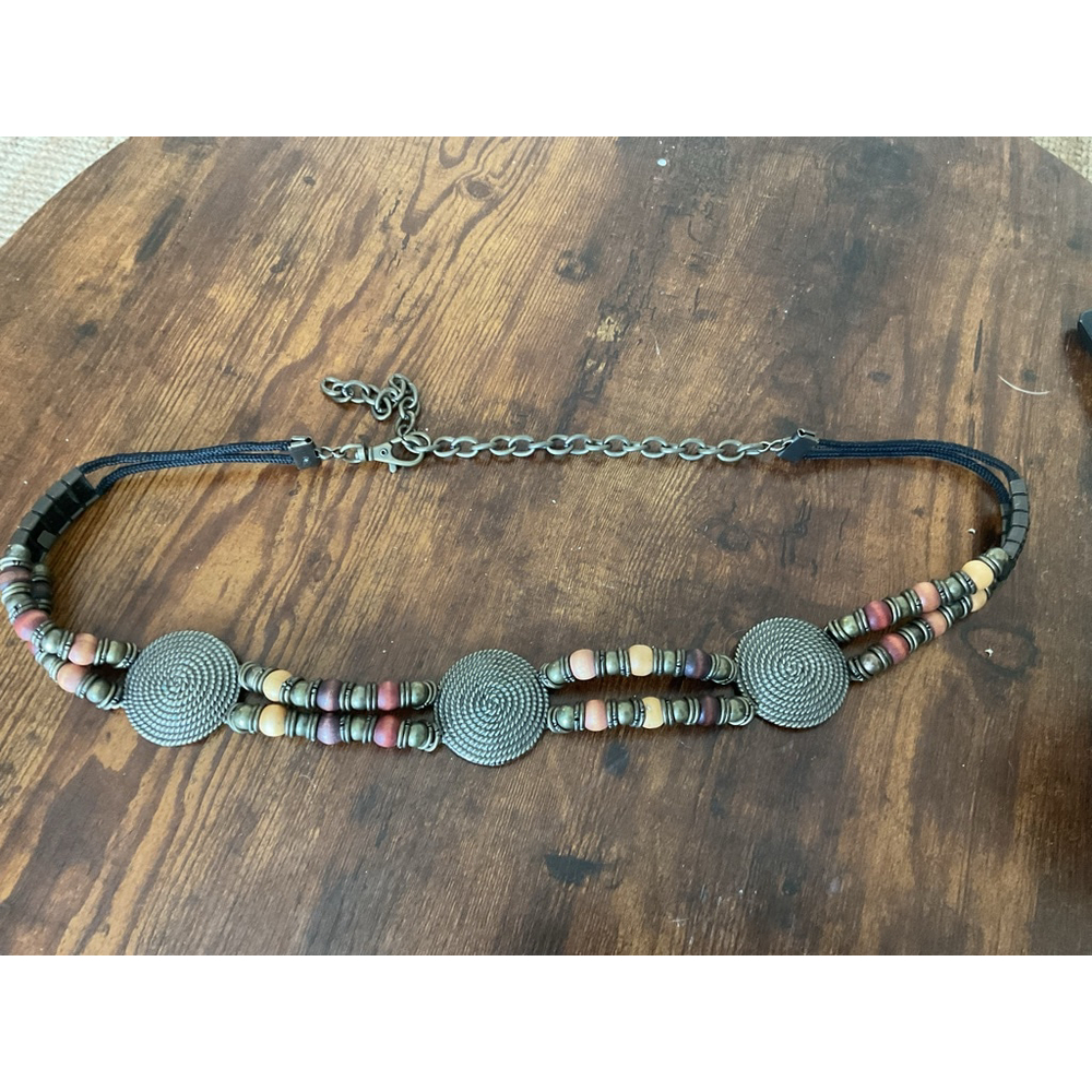 Boho Beaded Belt vintage Brassconcho medallion Wood Bead adjustable Waist Belt - Picture 13 of 16